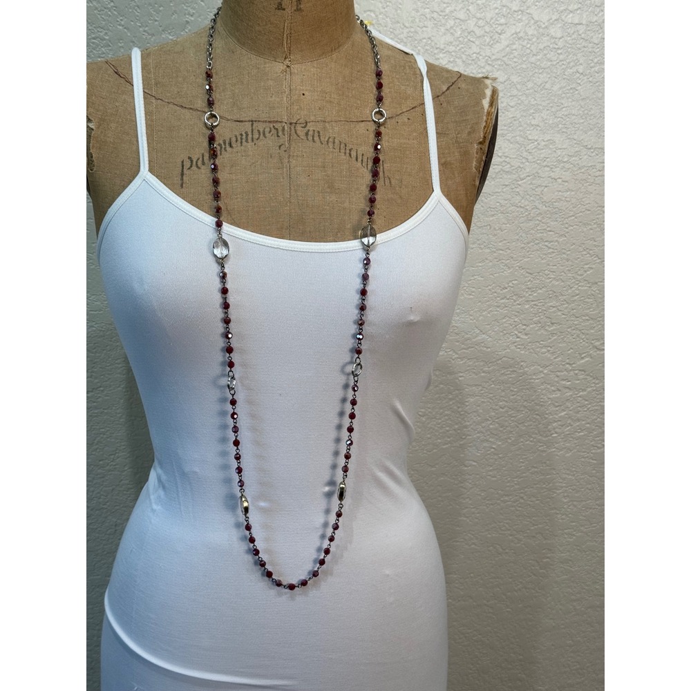 Lost & Found Burgundy Beaded Long Layering Necklace Silver Tone NEW